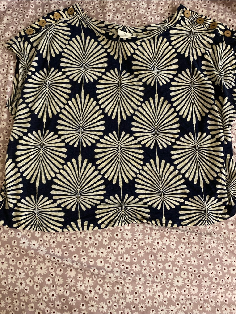 Navy Floral Button-Shoulder Top - Cream Print